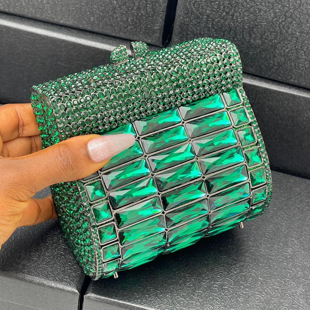 Women's Luxury Emerald Green Rhinestone Crystal Clutch with Chain strap